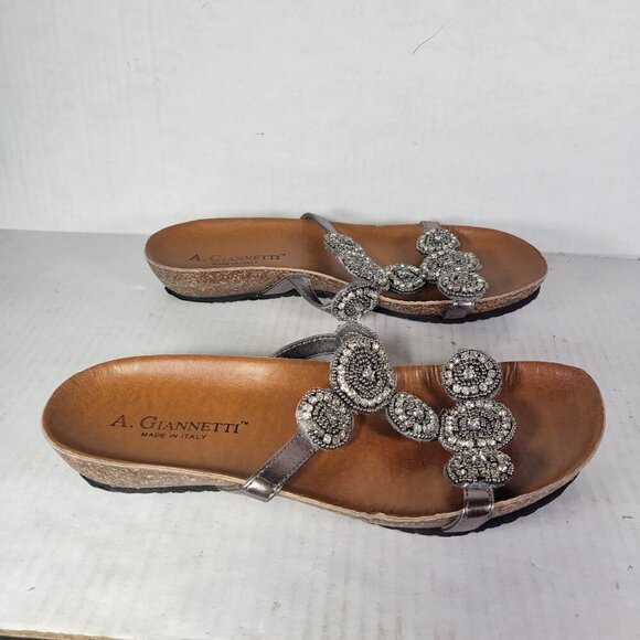 A. Giannetti Women Beaded Silver Metallic Leather Slip-On Sandals Size 7.5 - Picture 4 of 9